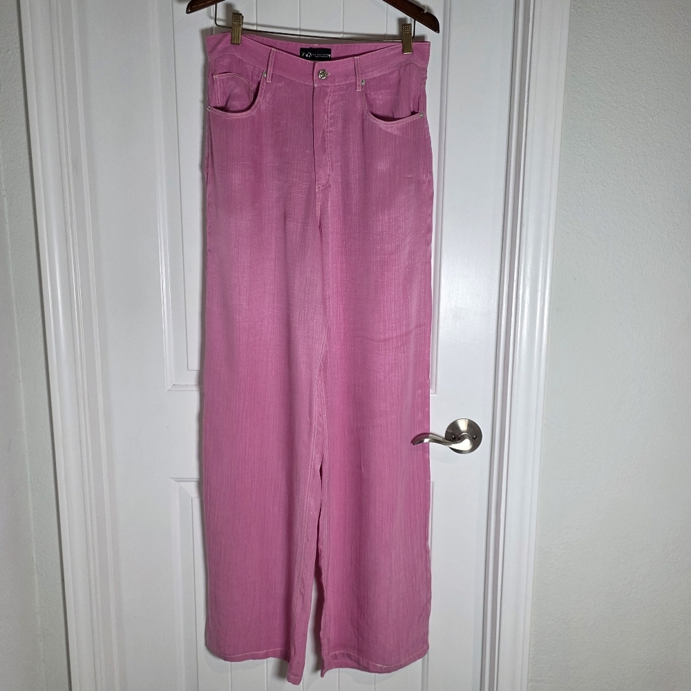 NWT Pink Zara High Waist Wide Leg Bubblegum Pink Trousers Pants Large - Picture 2 of 6